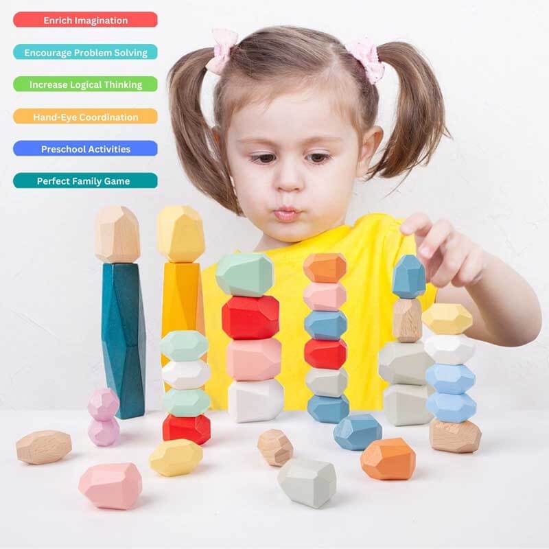 Montessori Toys Stacking Rocks Wooden Blocks Building Preschool Balancing Stones for Toddlers 1-3 Girls Boys Sensory Natural Wood 20pcs Large Size