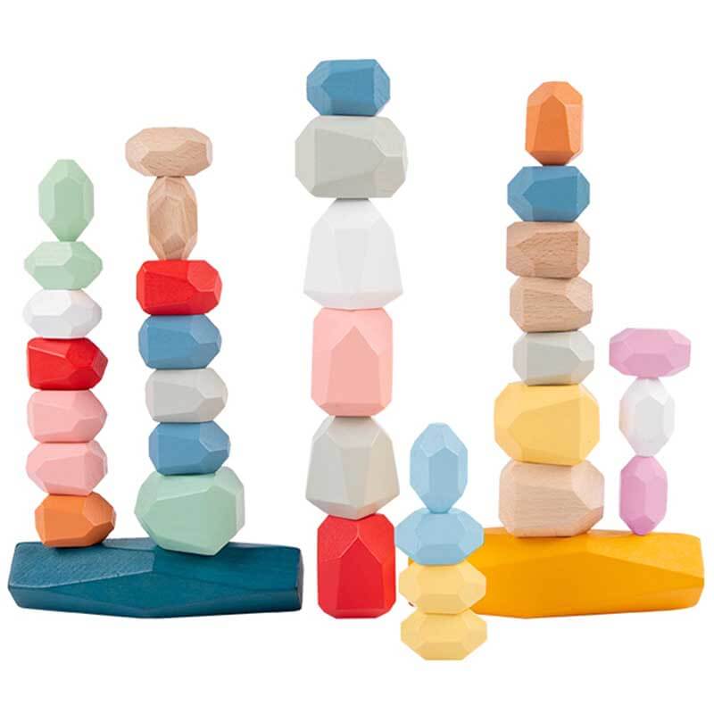 Montessori Toys Stacking Rocks Wooden Blocks Building Preschool Balancing Stones for Toddlers 1-3 Girls Boys Sensory Natural Wood 20pcs Large Size