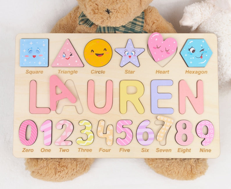 Personalized Algebraic Wooden Name Puzzle - Educational Preschool Toys for Girls, Number and Shape Learning Puzzle