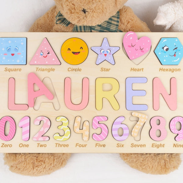 Personalized Algebraic Wooden Name Puzzle - Educational Preschool Toys for Girls, Number and Shape Learning Puzzle