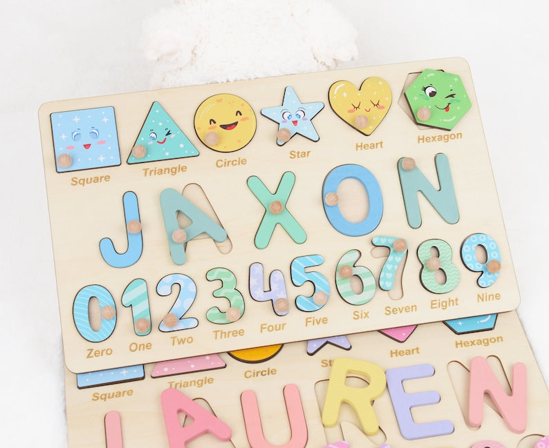 Personalized Algebraic Wooden Name Puzzle - Educational Preschool Toys for Girls, Number and Shape Learning Puzzle