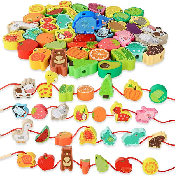 Montessori Wooden Stringing Animals, Fruits and Vegetables