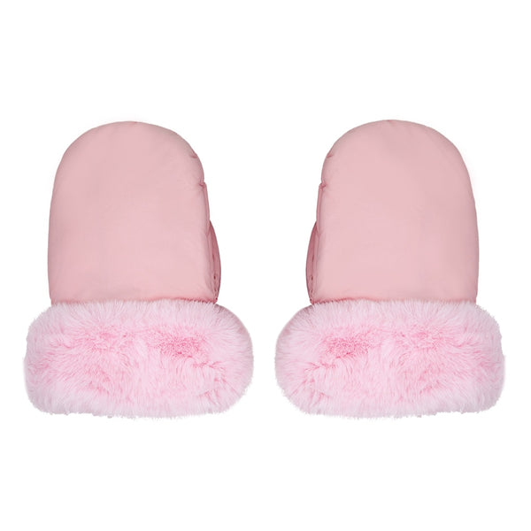 Image of pink gloves with thick fur lining and windproof exterior for warmth in cold weather
