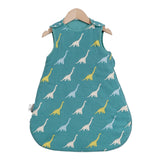 baby wearing a sleeveless sleep bag, suitable for ages 0-2 years with a 0.5 TOG rating for warmth product pattern Dinosaur 
