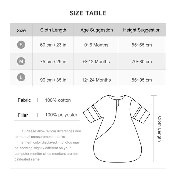baby wear Vintage pattern size chart baby sleep bags/ baby sleep sacks 2.5 Tog Baby Sleep bag/ Removable Sleeves for 0-2 Yrs