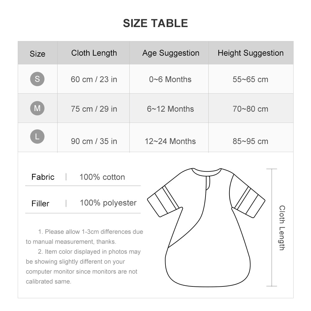 Vintage pattern baby sleep bags/ baby sleep sacks 3.5 Tog Baby Sleep bag/ Removable Sleeves for 0-2 Yrs size chart
